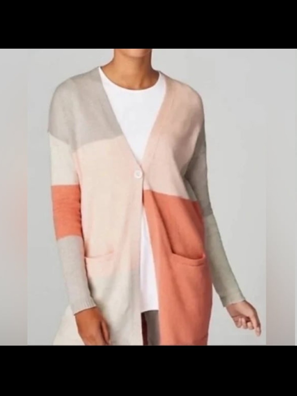 Pure Jill Colorblock Open-Front Cardigan in Peach and Cream